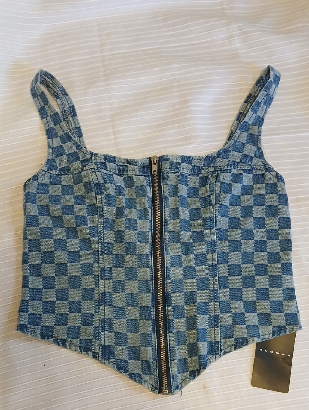 Denim Check Zip-Front Crop Top - Blue